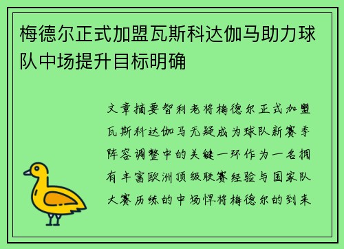 梅德尔正式加盟瓦斯科达伽马助力球队中场提升目标明确